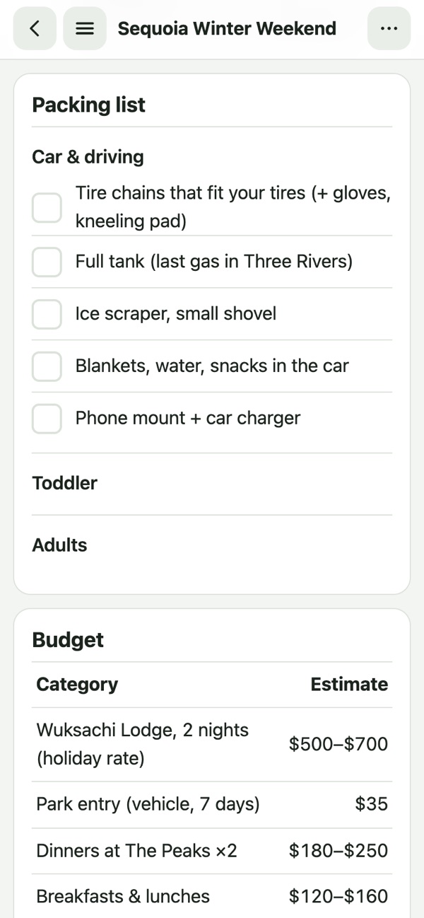 Guide with packing list
